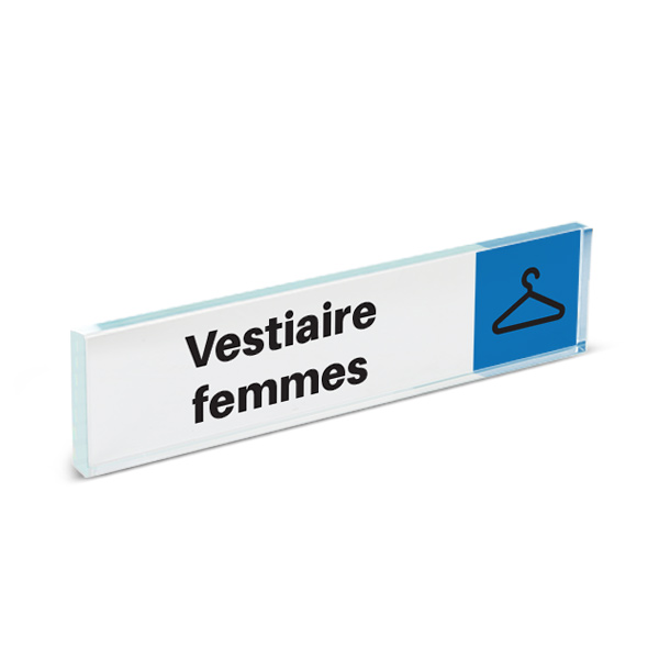 Plaque de porte plexiglass pictogramme vestiaire femmes, format 40 x 170 mm