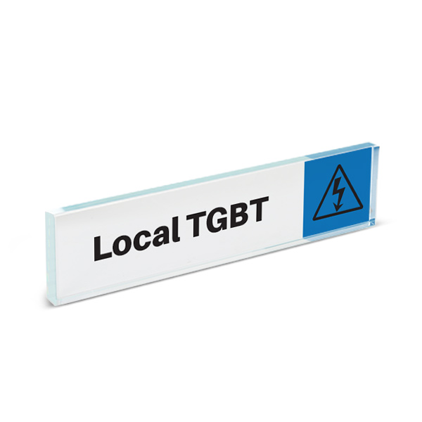 Plaque de porte plexiglass pictogramme local TGBT, format 40 x 170 mm