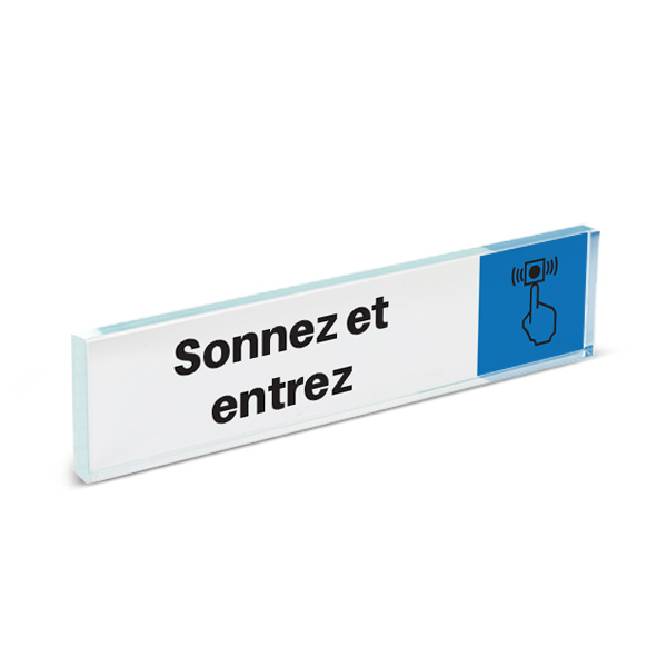 Plaque de porte plexiglass pictogramme Sonnez et entrez, format 40 x 170 mm