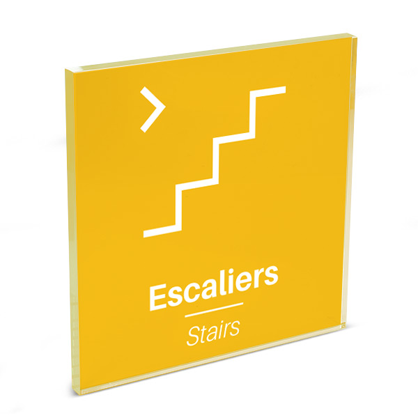 Plaque de porte plexi color uni jaune picto escalier 120 x 120 mm