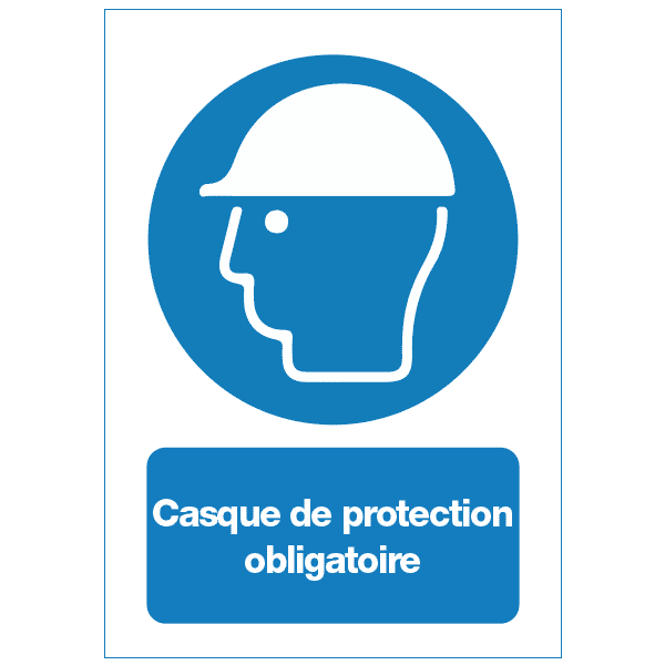Panneau casque de protection obligatoire avec texte et pictogramme