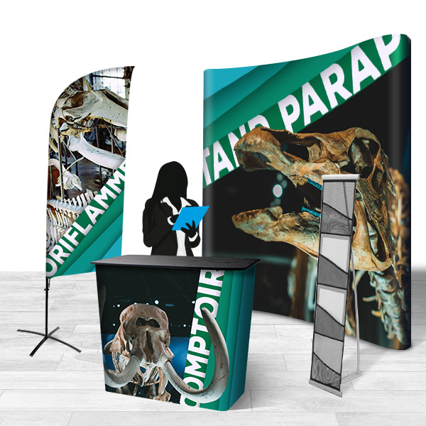 Pack stand publicitaire comprenant 1 stand parapluie courbe,1 comptoir personnalisé, 1 voile publicitaire ,1 porte documents , ref 21