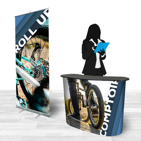 Stand publicitaire  pack  avec 1 roll up et 1 comptoir avec tablette en bois, ref 2