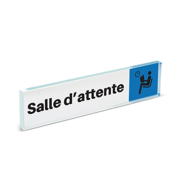 Plaque de porte plexiglass pictogramme salle d'attente, format 40 x 170 mm