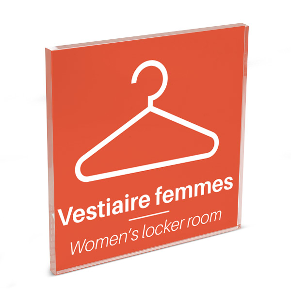 Plaque de porte plexi color uni orange picto vestiaire femme 120 x 120 mm