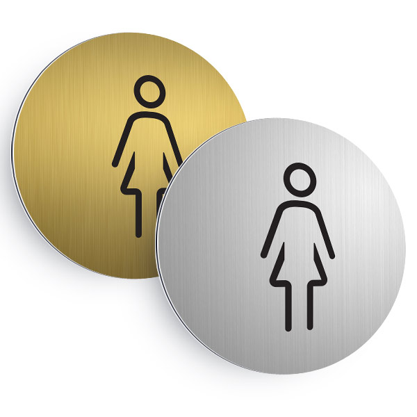 Plaque de porte ronde aluminium brossé pictogramme toilette femmes