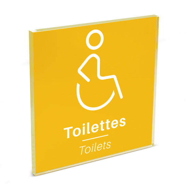 Plaque de porte plexi color uni jaune picto toilettes handicapés 120 x 120 mm