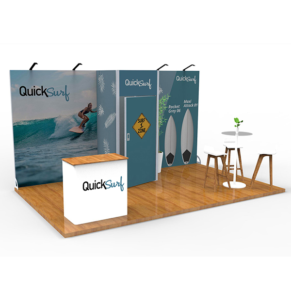 Stand publicitaire mur 5 m avec comptoir personnalisé , reserve, impression sur maille textile