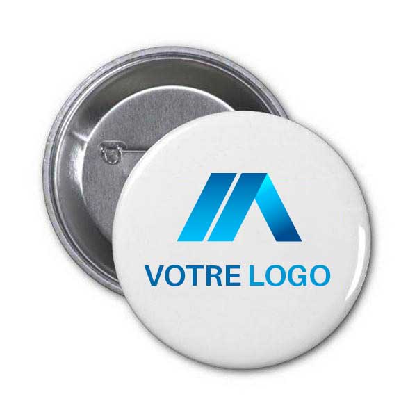 Badge metal personnalisé rond avec épingle diametre 5,8 cm, à partir de 10 unités, prix degressif