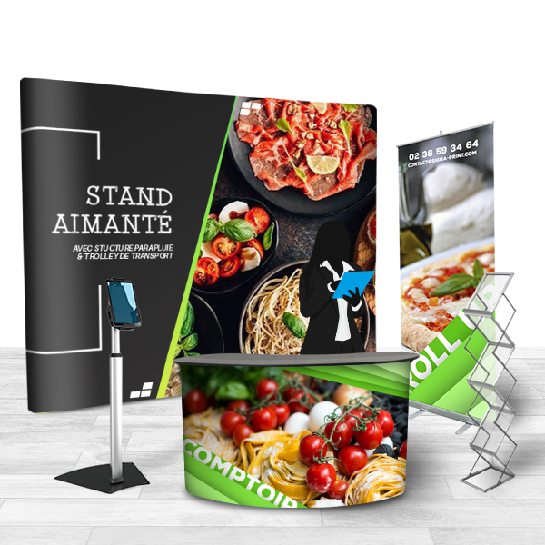 Pack stand publicitaire comprenant 1 stand parapluie droit 3x2.3m +1 roll up+1 support tablette + 1 présentoir + 1 comptoir personnalisé XL REF 27