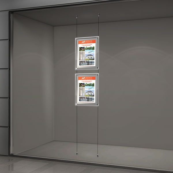 Kit affichage vitrine lumineux sur câbles, 1 colonne 2 A3
