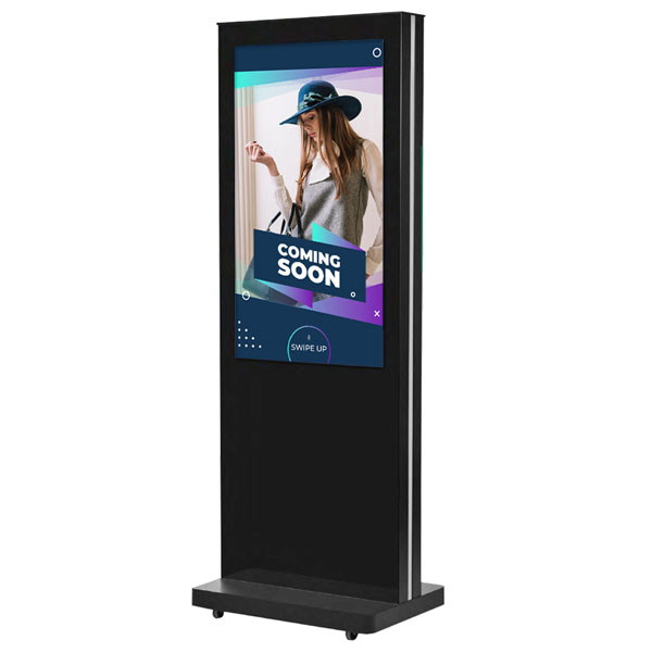Totem vidéo 32 à 55 pouces avec écran simple face tactile sur roulettes, 24h/7j