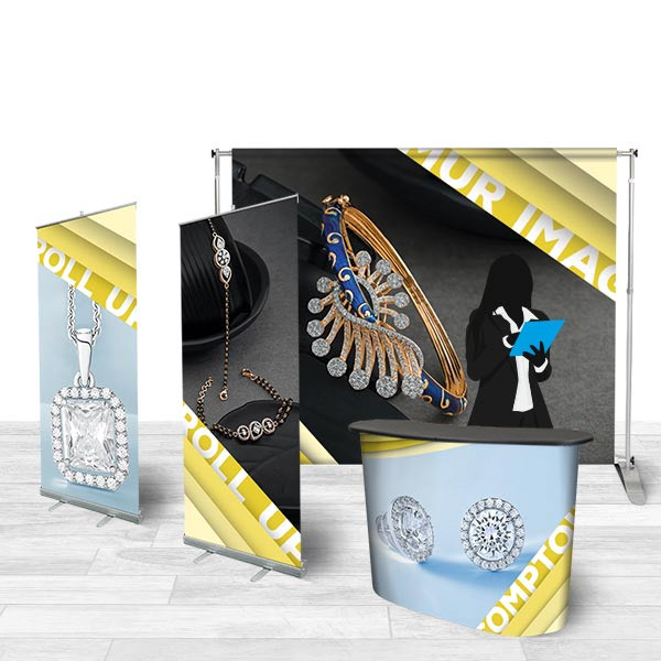 Stand publicitaire pack avec 2 roll up, 1 comptoir et 1 mur d'images, ref 6