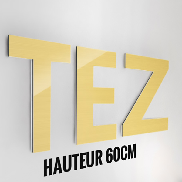 Lettre ou logo découpé en alu brossé or 3 mm , format H 60 x  Largeur 40 cm 