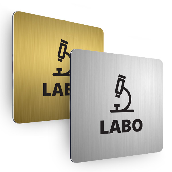 Plaque de porte aluminium brossé carrée pictogramme labo
