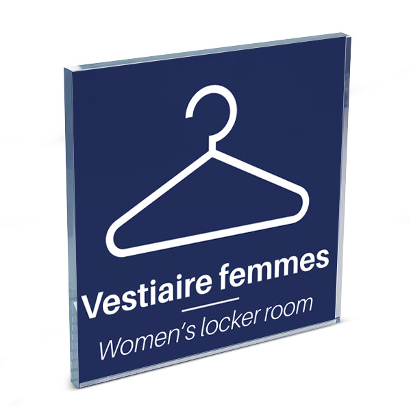 Plaque de porte plexi color uni bleu picto vestiaire femme 120 x 120 mm