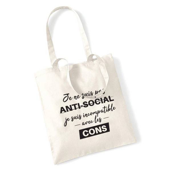 Sac tissu personnalisé, 100% coton 140g ,format  38x42 cm , anse 67cm, motif  antisocial