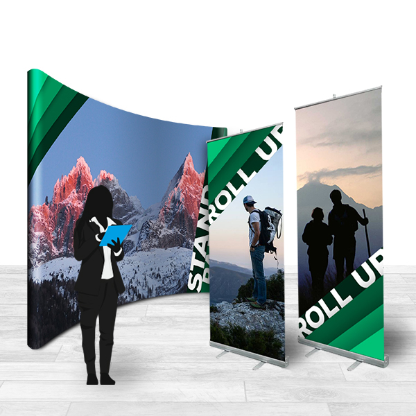 Pack stand publicitaire comprenant 1 stand parapluie courbe 2.9x2.3m , 2 roll up eco  85x205 cm, ref 31