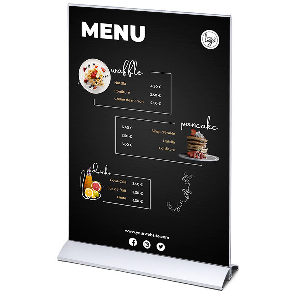 Porte menu plexiglas vertical avec socle en aluminium : A5 ou A4