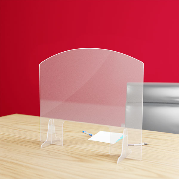 Hygiaphone arrondi protection plexiglas 3 mm pour bureau avec passe document, format 850 x 750 mm