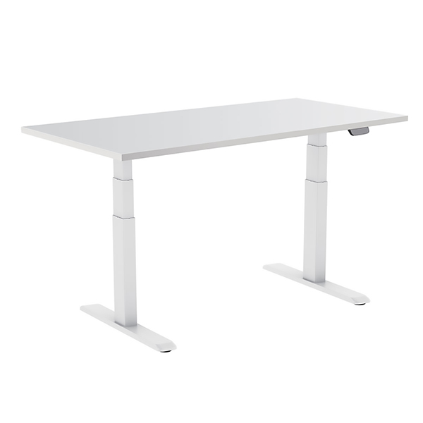 Bureau motorisé simple 160x75 cm assis-debout pied blanc plateau bois  hauteur reglable de 62-128 cm 