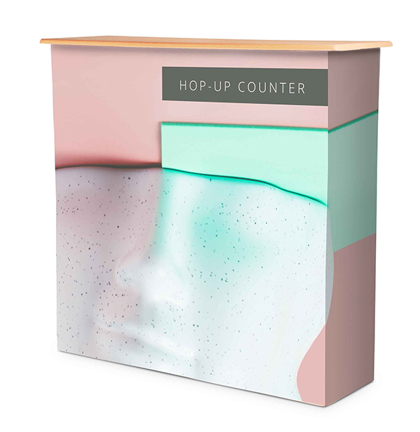 Comptoir publicitaire avec impression textile format H1020 x L1060 x P 360 mm