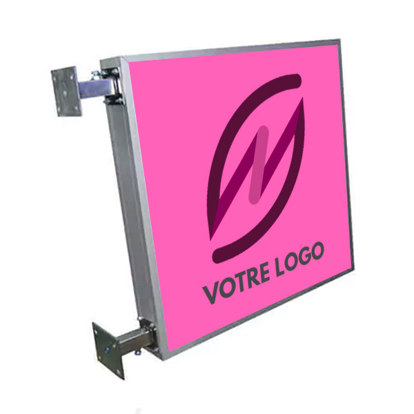 Enseigne drapeau double face lumineuse avec marquage personnalisé 500x500 mm, epaisseur 100 mm