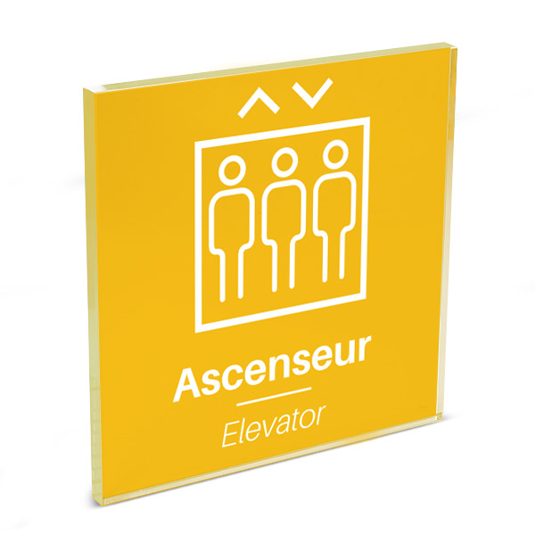 Plaque de porte plexi color uni jaune picto ascenseur 120 x 120 mm