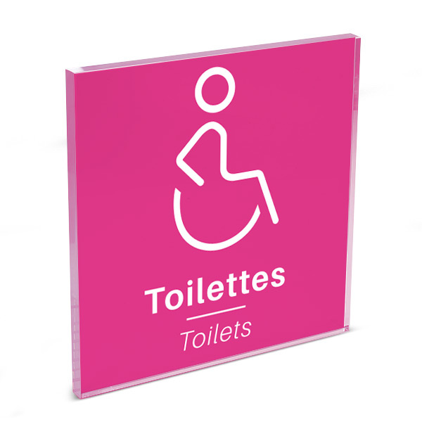 Plaque de porte plexi color uni rose picto toilettes handicapés 120 x 120 mm