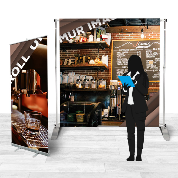 Stand publicitaire pack avec 1 roll up et 1 mur d'images, ref 12