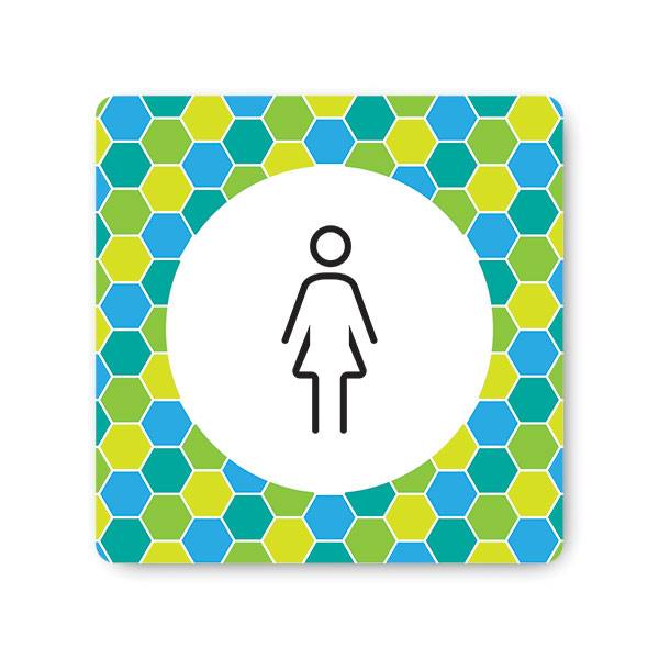 Plaque de porte PVC 120 x 120 mm avec fond mosaique , picto toilettes femmes