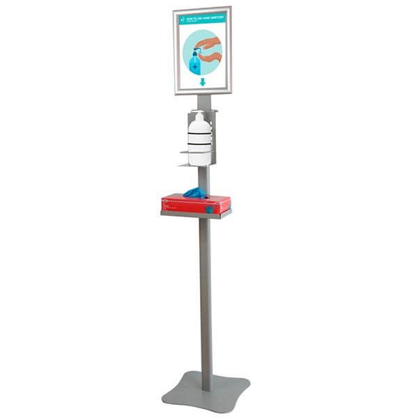 Distributeur gel hydro alcoolique avec cadre clic clac A4 sur pied acier