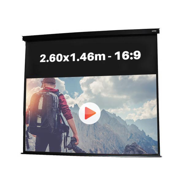 Ecran de projection motorisé pour video projecteur, format 2,6 x 1.46  m , ecran 16/9 et carte noir