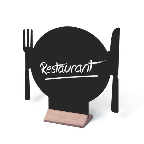 Menu de table ardoise restaurant en forme d'assiette avec socle bois