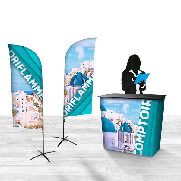 Pack stand publicitaire comprenant 1 comptoir accueil personnalisé + 2 drapeaux publicitaire sur pied , ref 18