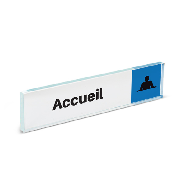 Plaque de porte plexiglass pictogramme accueil, format 40 x 170 mm