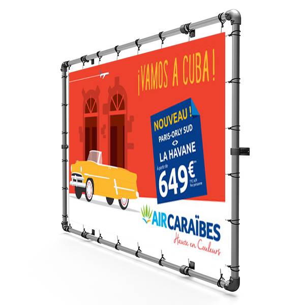 Cadre mural pour bache tendue  ,platines murales, tendeurs , impression quadri ,format 300 x 100 cm 