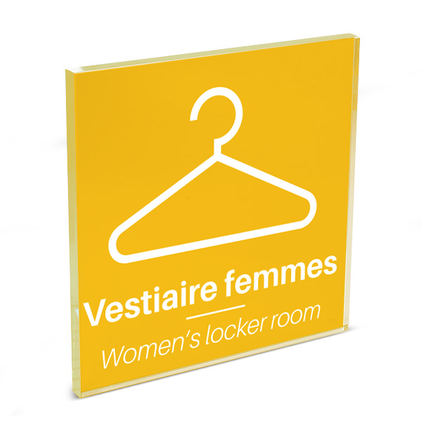 Plaque de porte plexi color uni jaune picto vestiaire femme 120 x 120 mm