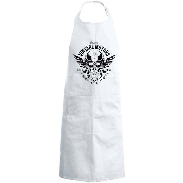 Tablier de cuisine personnalisé 100% coton , taille réglable et poches avant, motif skull casque
