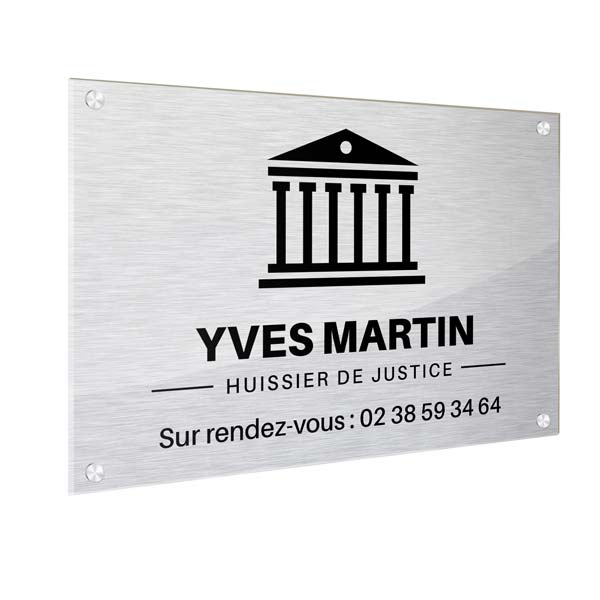 Plaque professionnelle Huissier de justice, aluminium brossé gris 30 x 20 cm, avec caches vis 