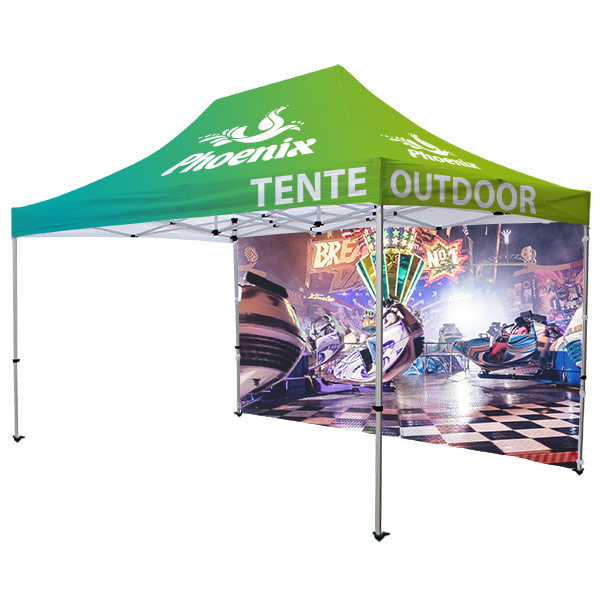 Tente publicitaire personnalisée 4.5 x 3 m, impression full graphic, 1 mur large