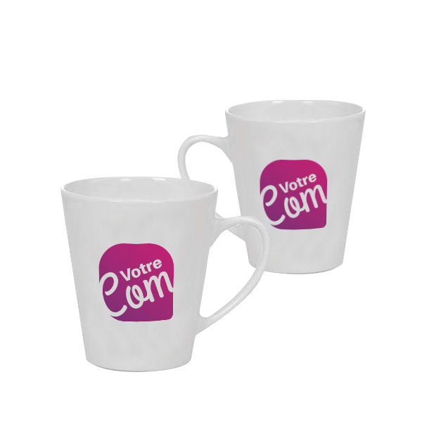 Mug publicitaire conique personnalisé blanc,hauteur 10 cm , impression 2 faces , prix degressif