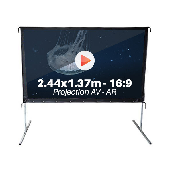 Ecran de projection avec valiser, format 2,44 x 1,37 m , ecran 16/9, et 2 toiles avant + arriere