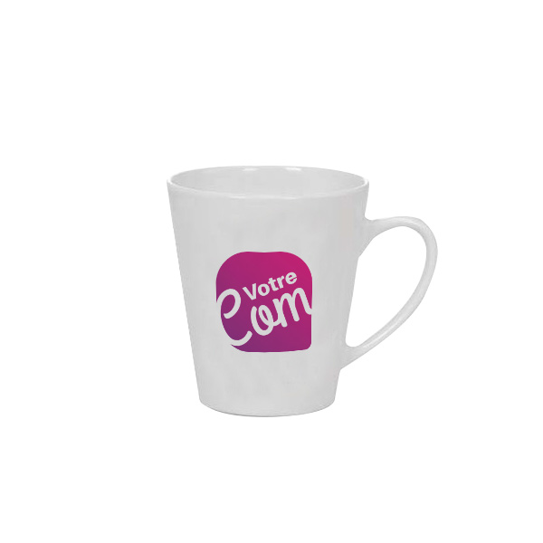 Mug publicitaire conique personnalisé blanc,hauteur 10 cm , impression 1 face , prix degressif