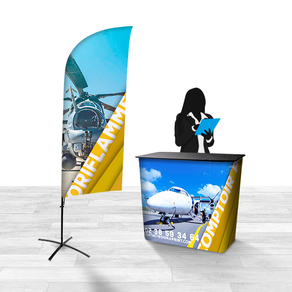 Pack stand publicitaire comprenant 1 comptoir accueil personnalisé + 1 drapeau publicitaire sur pied , ref 17