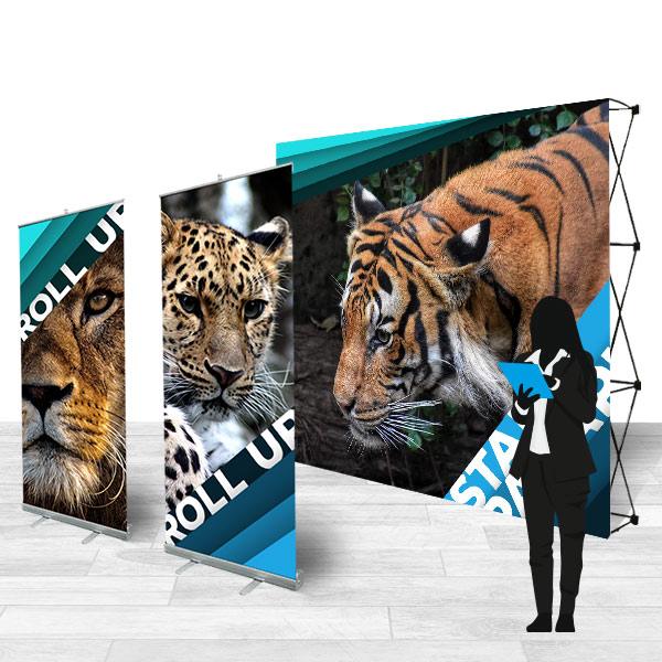 Stand publicitaire pack  , 2 roll up personnalisés et 1 stand parapluie  2.3 x 2.3 m, ref 14