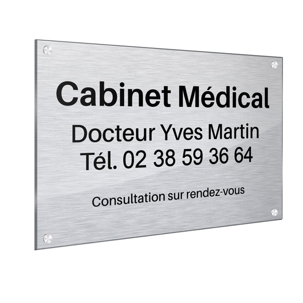 Plaque professionnelle Cabinet médical, aluminium brossé gris 30 x 20 cm avec caches vis