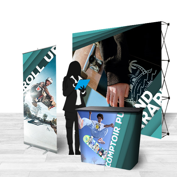 Stand publicitaire pack avec 1 stand parapluie, 1 comptoir publicitaire, 1 roll up personnalisé, ref 1