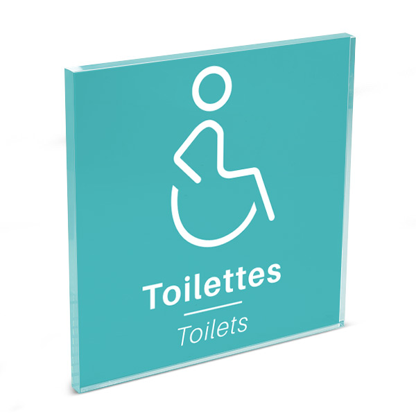 Plaque de porte plexi color uni turquoise picto toilettes handicapés 120 x 120 mm