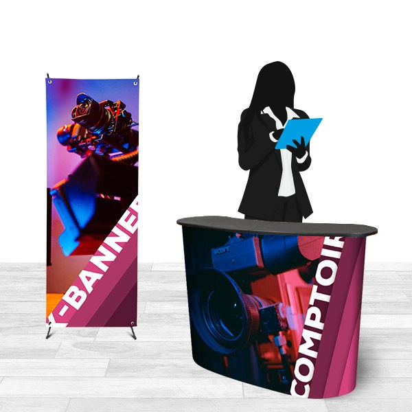 Stand publicitaire pack  avec 1 x-banner et 1 comptoir pvc, ref 10